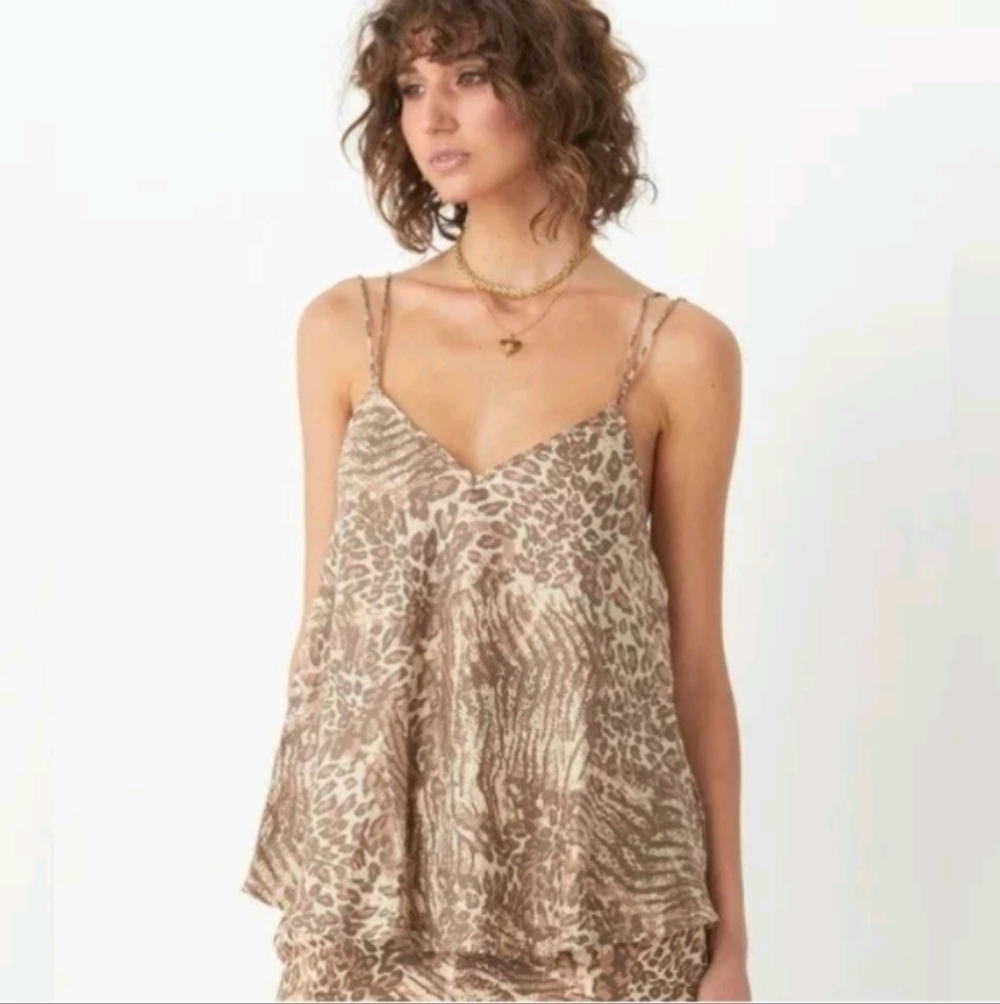 Spell & The Gypsy Ada Animal Print Linen Cami Tank Top Brown sz S
